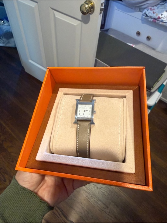 Hermes Taupe Leather Watch with Stainless Silver Case